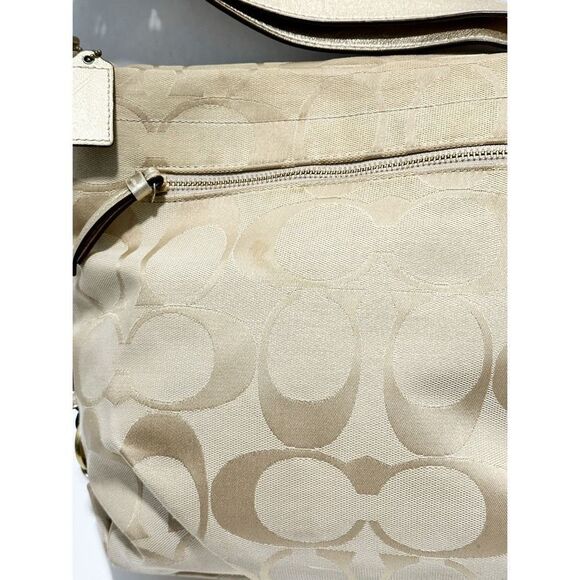Coach Beige Signature Canvas C Print Canvas Leather Trim Hobo Shoulder Bag Gold - Picture 3 of 12